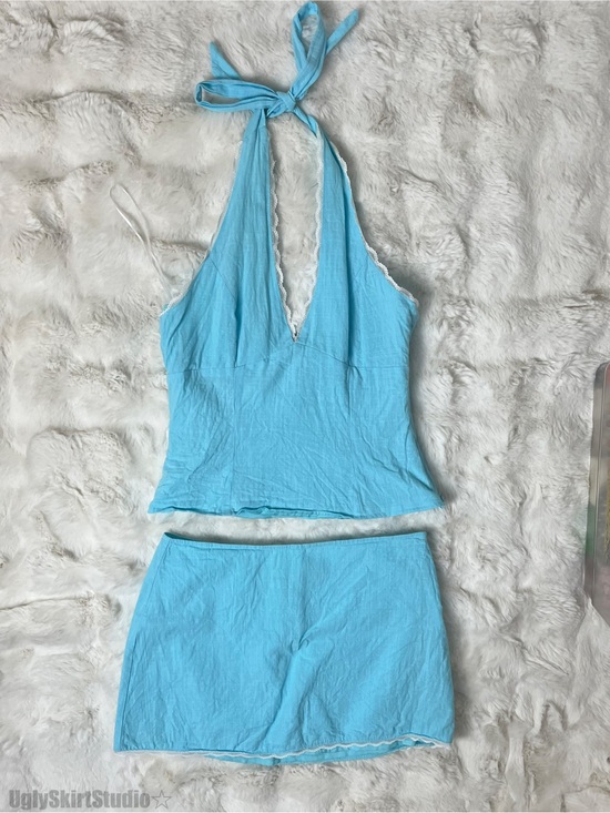 Princess Polly Dresses & Skirts - Princess Polly Light Blue Lace Trim Halter Top Mini Skirt Matching Co-ord Set 4